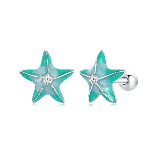 Pendientes sencillos de estrella de mar azul bañados en platino