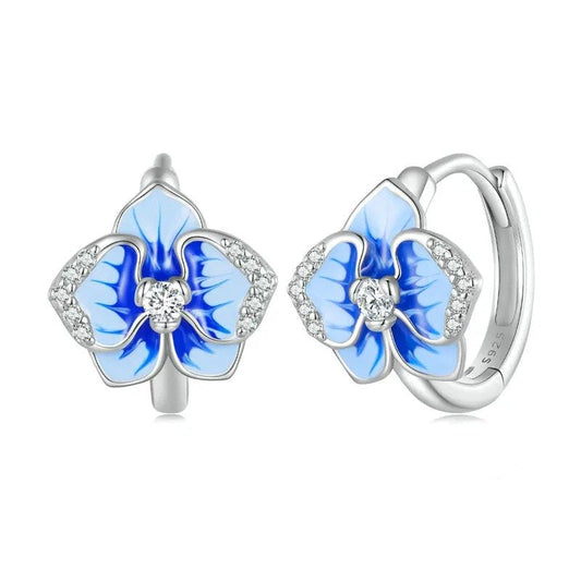 Clips para orejas de orquídea mariposa de esmalte azul y hebillas para orejas de flor de Phalaenopsis
