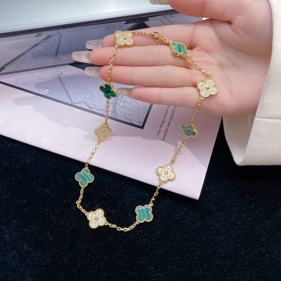 [Kincade Jewelrys]CLOVER 10 MOTIFS MALACHITE DIAMOND NECKLACE